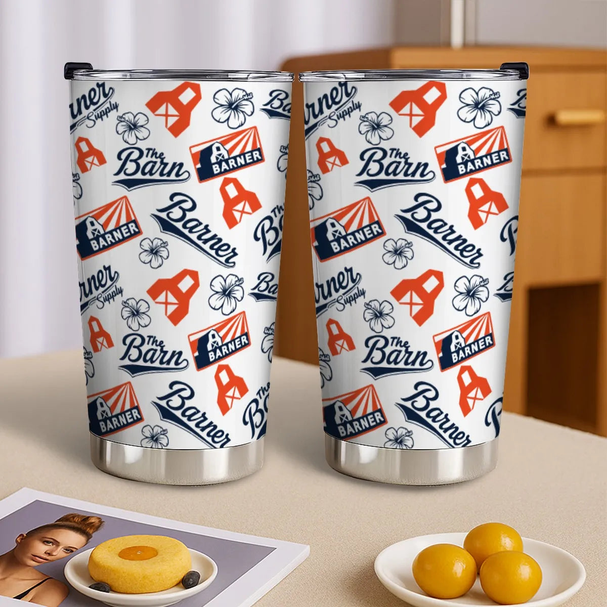 Double Aught Barner and a White Tumbler